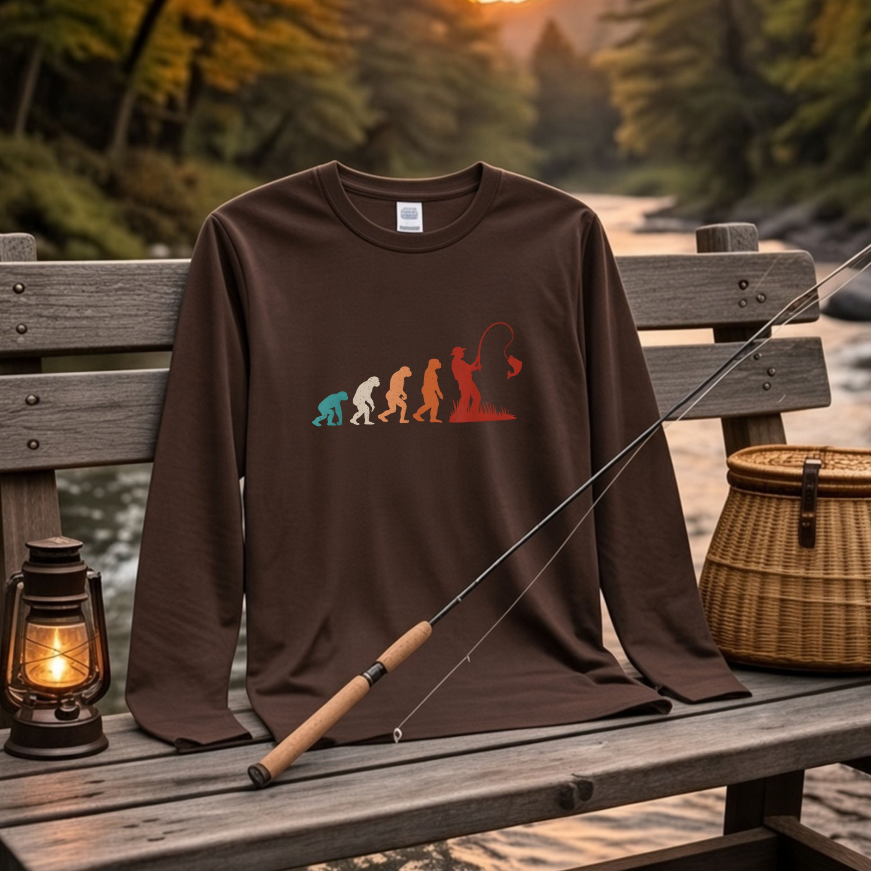 EVOLUTION | 釣り人 進化 イラスト レトロ カラフル シンプル 長袖Tシャツ【釣り男子・釣りガール・ルームウェア・ギフト】